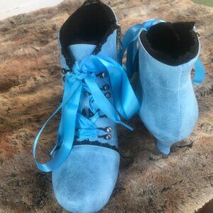 Blue Faux Leather Lace-Up Booties Size 37
